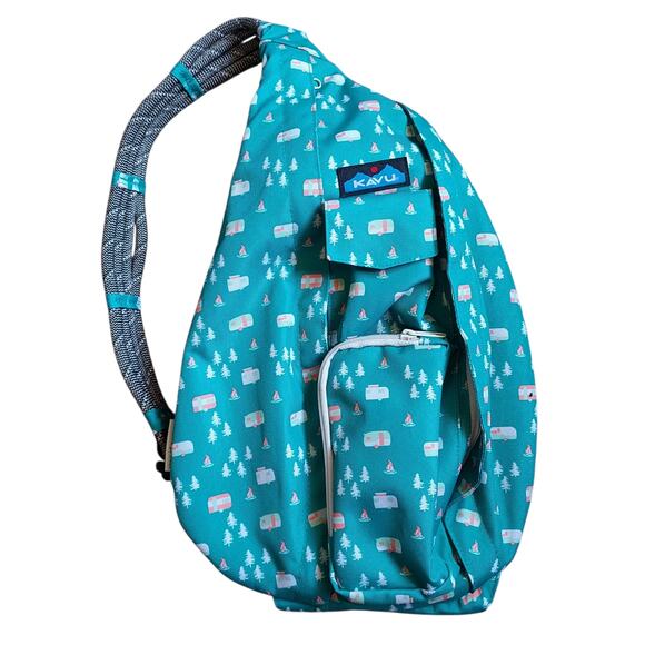 KAVU Canvas Rope Sling Bag Crossbody Style Camping Theme Mint Green 5 Pockets - Picture 1 of 8